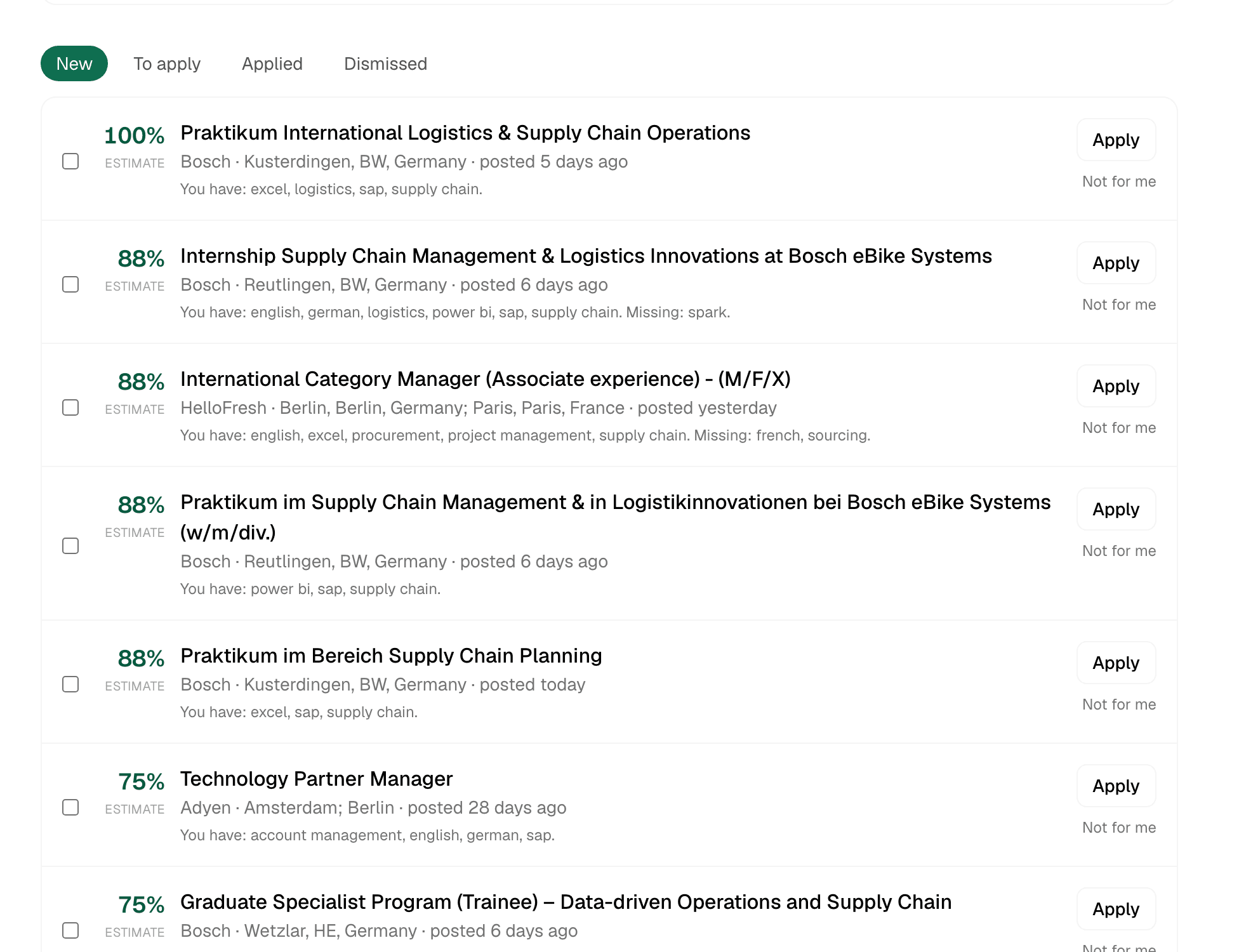 Job Radar: new openings ranked by how well they match the candidate